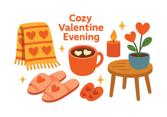 Valentine's day flat icon set. featuring heart mug, candle, slippers, blanket, plant, and stool elements