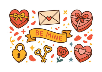 Valentine's day flat icon set. featuring heart, rose, gift, key, lock, and envelope symbols