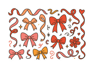Decorative elements flat icon set. featuring bows, ribbons, stars, hearts, sparkles, and swirls