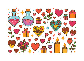 Valentine's day flat icons set. featuring hearts, flowers, candles, gifts, and potions.
