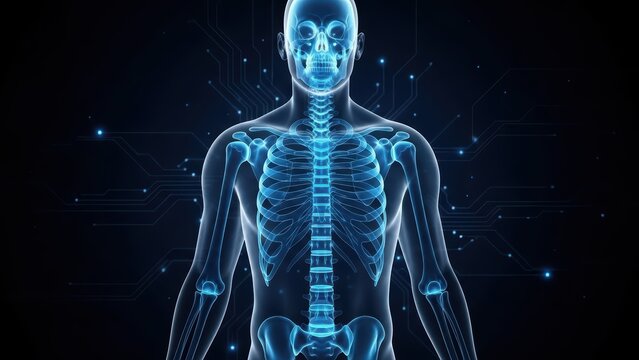 Digital visualization of the human skeletal system highlighting ribcage and spine on dark tech background