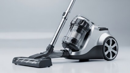 Modern vacuum cleaner cleaning technology in silver and black on white background