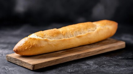A long, crusty baguette rests on a wooden cutting board.
