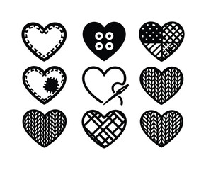 Crafting hearts silhouette icon set. featuring patchwork, knitting, sewing, embroidery, and quilt patterns
