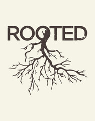 hand-drawn tree roots illustration, vintage distressed style for eco-friendly branding or t-shirt design.