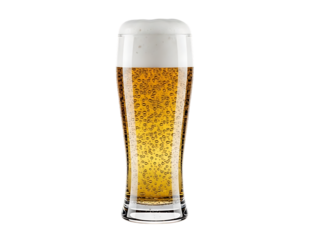 Tall glass of golden beer with foamy head and bubbles