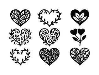Nature silhouette icons set. featuring leafy hearts, floral designs, and heart plants