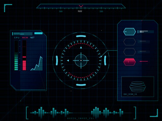 Futuristic HUD interface with radar display, targeting reticles, data grids, and digital control panels.
