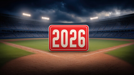 A Baseball Field with the Year 2026 Displayed in Bold Red