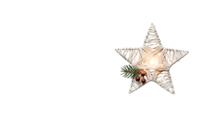 White woven star lantern with pine and berries rustic