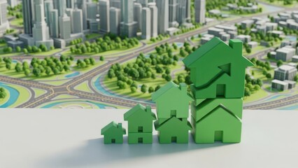 Real estate growth concept with green houses and city background