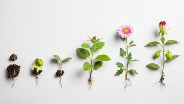 Plant growth stages on white background showing germination flowering and development