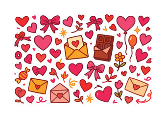 Valentine's day flat icon set. featuring hearts, chocolates, flowers, balloons, envelopes, and bows symbols
