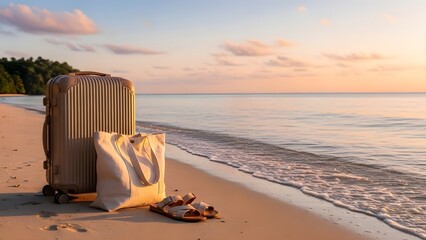 A suitcase, tote bag, and sandals sit on a sandy beach next to the ocean at sunset, with soft waves and a warm sky.