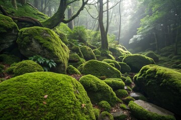 Exploring the lush green moss covering stones in the rainforest a close-up nature perspective of vibrant ecosystems