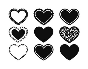 Heart decorations silhouette icon set. featuring classic, lace, stitched, and ornate heart symbols