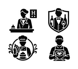 Hospitality and culinary silhouette icon set. featuring hotel receptionist, sommelier, chef, and barista symbols