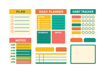 Stationery planner flat icon set. featuring plan, daily planner, habit tracker, notes, schedule, to-do lists
