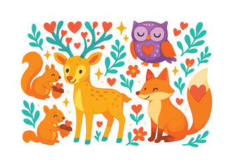 Forest animals flat icon set. featuring deer, owl, fox, squirrel, hearts, and leaves motifs