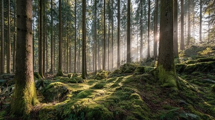 Obraz premium confinement. Atmospheric pine forest with morning mist and gentle light filtering through trees. travel magazines, destination branding, designed for outdoor magazines and nature guides.
