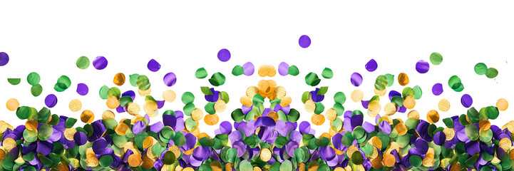 Purple, gold and green festive paper confettis isolated on panoramic transparent background. Mardi gras, carnival or birthday party overlay, happy new year celebration web banner