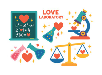 Love and science flat icon set. featuring lab equipment, heart symbols, microscope, beakers, chalkboard, scales