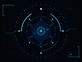 Futuristic HUD interface with radar display, targeting reticles, data grids, and digital control panels. Sci-fi user interface dashboard concept