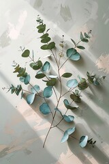 Vintage style minimalist eucalyptus branch line drawing, wallpaper, muted sage and pastel beige palette