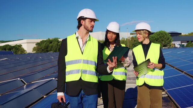 Engineers discussing renewable energy at solar power plant