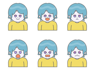 いろんな表情をしている髪の短い女性のイラスト①　ビビットカラー　スカイブルー
