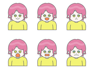 いろんな表情をしている髪の短い女性のイラスト①　ビビットカラー　ピンク