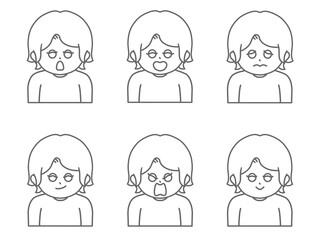 いろんな表情をしている髪の短い女性のイラスト②　色なし