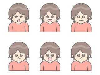 いろんな表情をしている髪の短い女性のイラスト②　茶髪&times;ピンク
