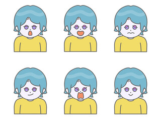 いろんな表情をしている髪の短い女性のイラスト②　ビビットカラー　スカイブルー