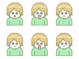 いろんな表情をしている髪の短い女性のイラスト①　金髪×緑