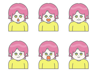 いろんな表情をしている髪の短い女性のイラスト②　ビビットカラー　ピンク