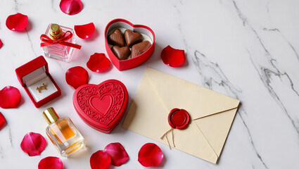 Romantic gift arrangement with chocolates, perfume, and letter on marble surface