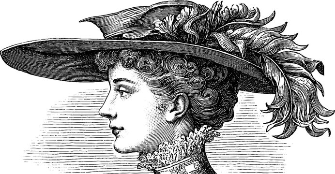 Vintage lady portrait from 1900s with elegant hat in engraved style for retro design