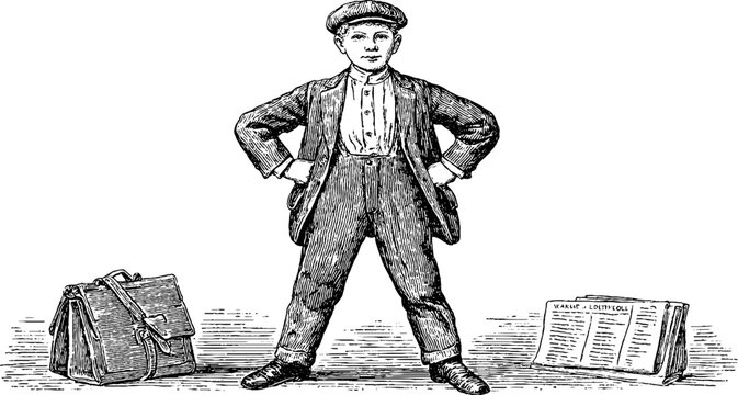 Vintage portrait of a 1900s newspaper boy in engraved style