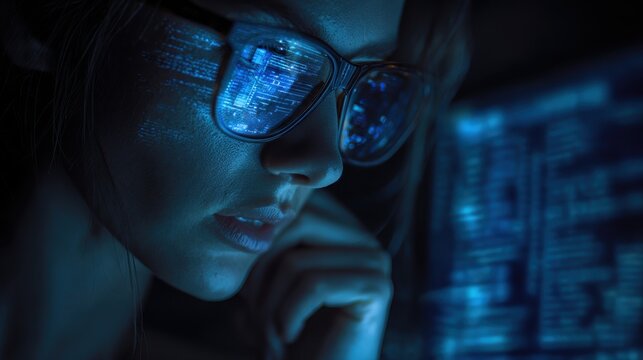 Software coding hologram and woman on tablet. - Powered by Adobe