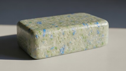 Textured rectangular object with speckled pattern on a white surface with shadow