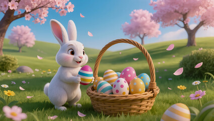 Joyful bunny gathers colorful eggs in a vibrant spring landscape filled with cherry blossoms