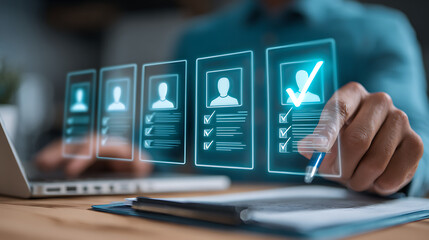 Person reviewing digital candidate profiles selecting top applicant digital profiles candidate selection