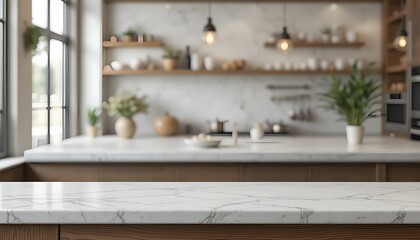 Empty white marble tabletop with blurred kitchen or restaurant background, ideal for food or product display mockups