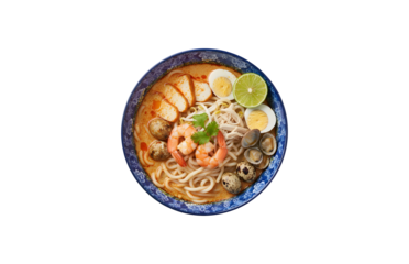 Laksa is a popular dish in Peranakan cuisine from Southeast Asia. The main ingredients are thick wheat noodles, prawns, fish cake, bean sprouts, and a spicy soup made from rich, spicy curry coconut.