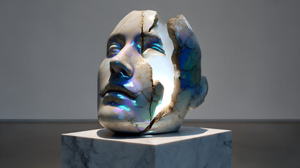 Fragmented Perception: A striking sculpture of a human face is intricately cracked and illuminated by a celestial, ethereal light, challenging the conventional and provoking thought.