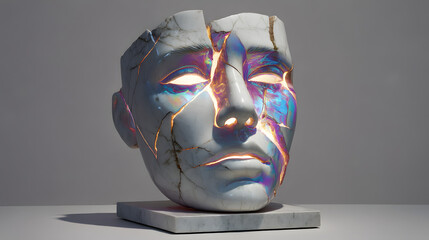 Fototapeta premium Reconstructed Identity: A striking depiction of a fractured face, masterfully pieced back together with luminous golden veins, symbolizing resilience, and renewal.