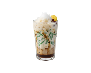 A dessert from Indonesia known as Cendol, set against a white backdrop.