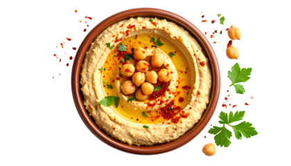A close-up shot of creamy hummus in a rustic brown bowl, garnished with chickpeas, olive oil, parsley, and paprika