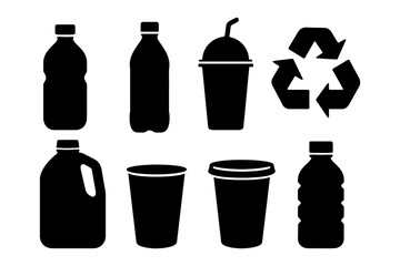 Silhouettes of various bottles and cups with recycling symbol.